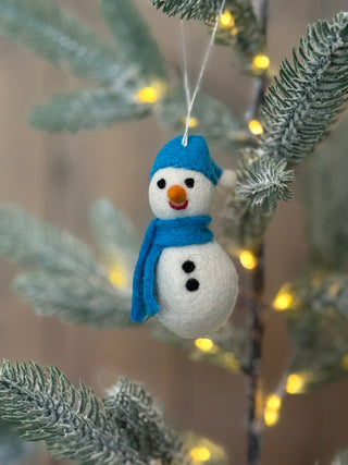 Blue Hat Snowman Felted Ornament