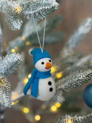 Blue Hat Snowman Felted Ornament